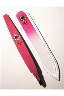 BOHEMIA CRYSTAL SET Swarovski - skleněný pilník 90mm + šikmá pinzeta 97mm - růžová